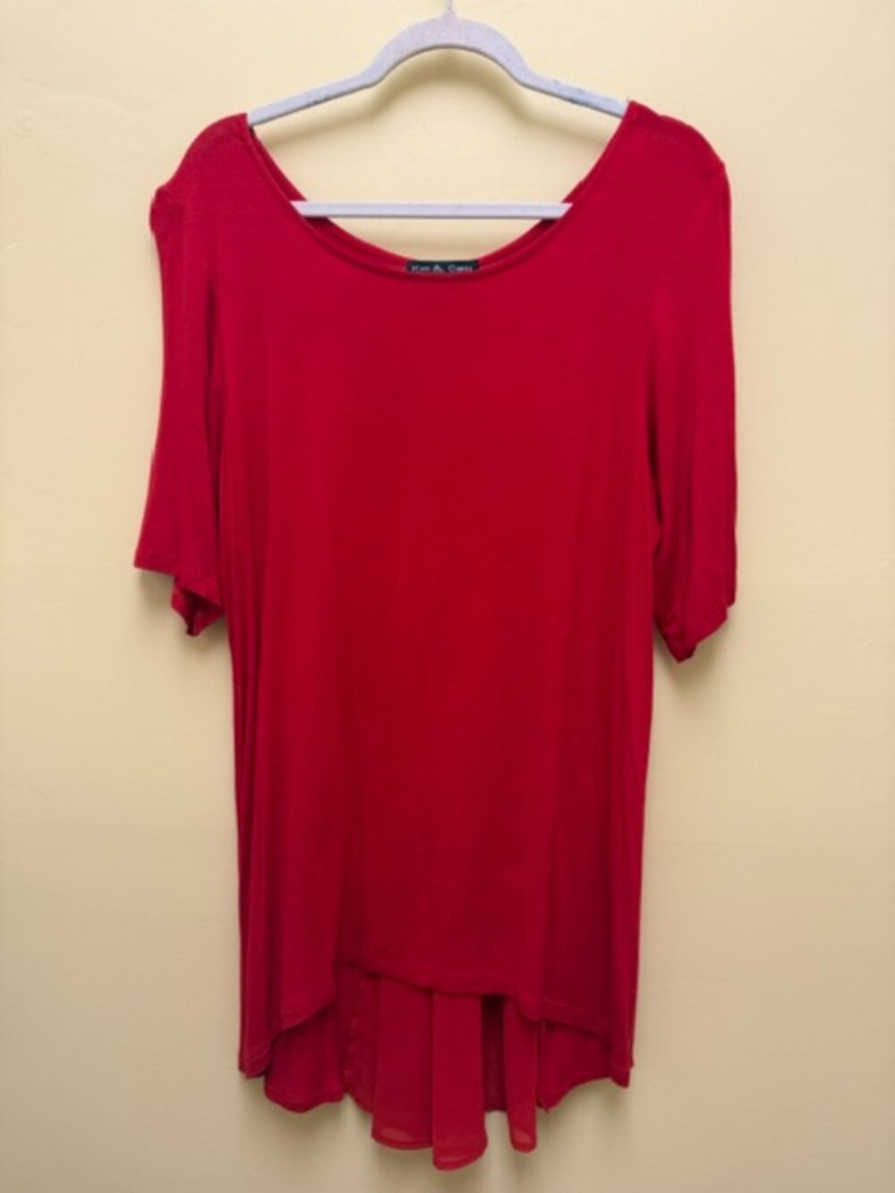 Kim & Cami Red Knit Top with scoop neck and chiffon high-low peplum back hemline